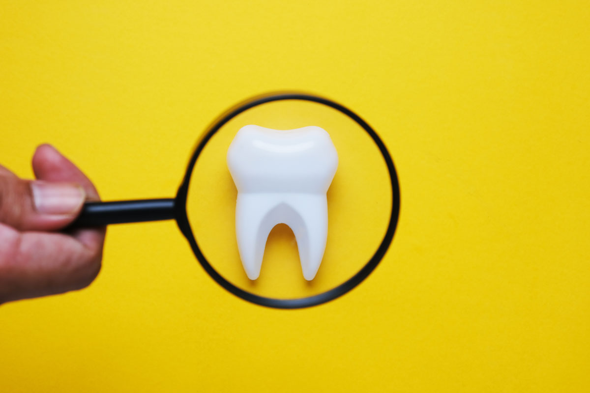 dinte sub lupa pe fundal galben